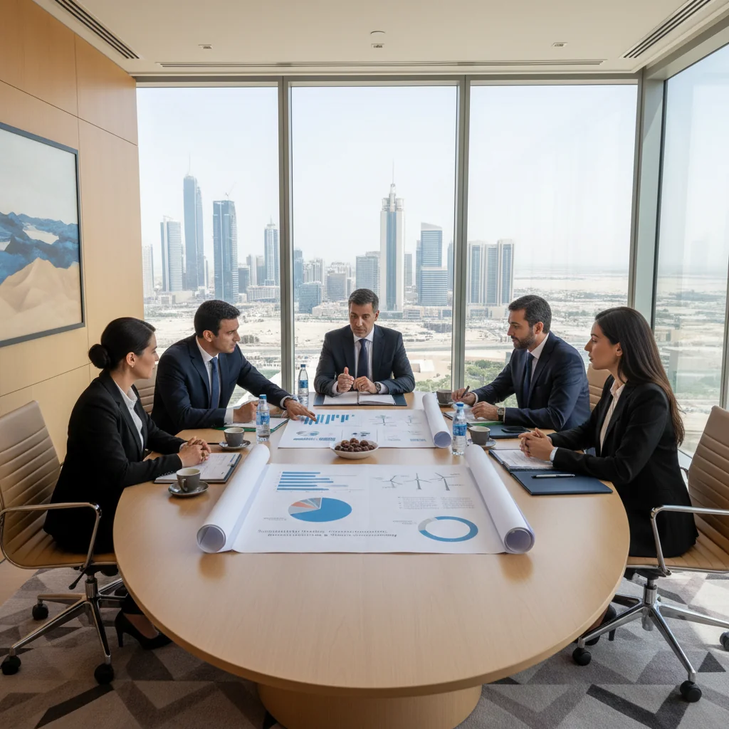 A photorealistic image of diverse professional business people in a modern UAE office setting, collaborating on sustainable initiatives, with elements like green plants, solar panels in the background, and UAE skyline visible through windows, symbolizing effective ESG reporting for Emirati companies.