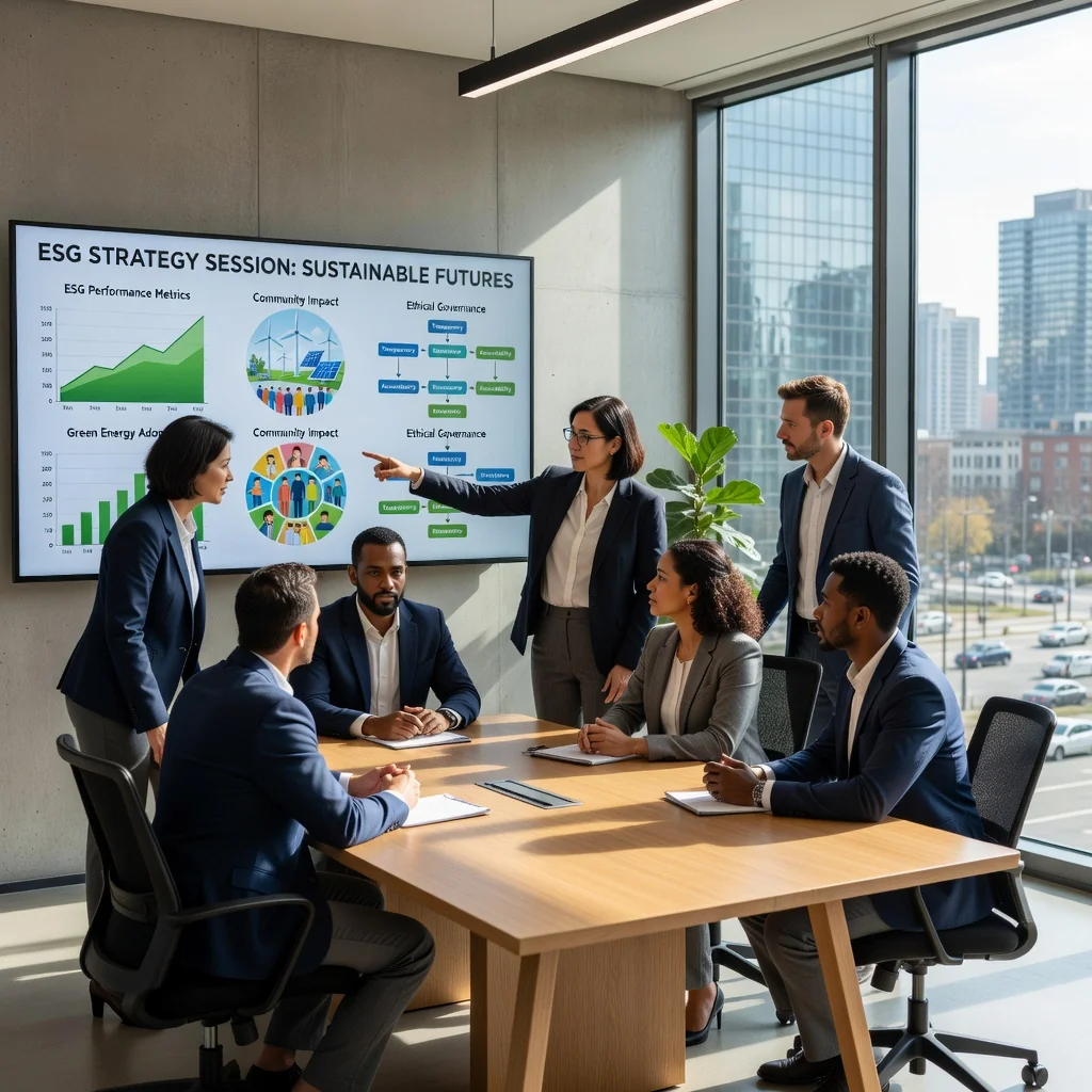 A photorealistic image of a diverse group of professional adults in a modern office setting, collaboratively reviewing ESG reports on laptops and tablets, symbolizing effective environmental, social, and governance management for a sustainable business future. The scene conveys teamwork, innovation, and responsibility without showing any children or corporate documents directly.