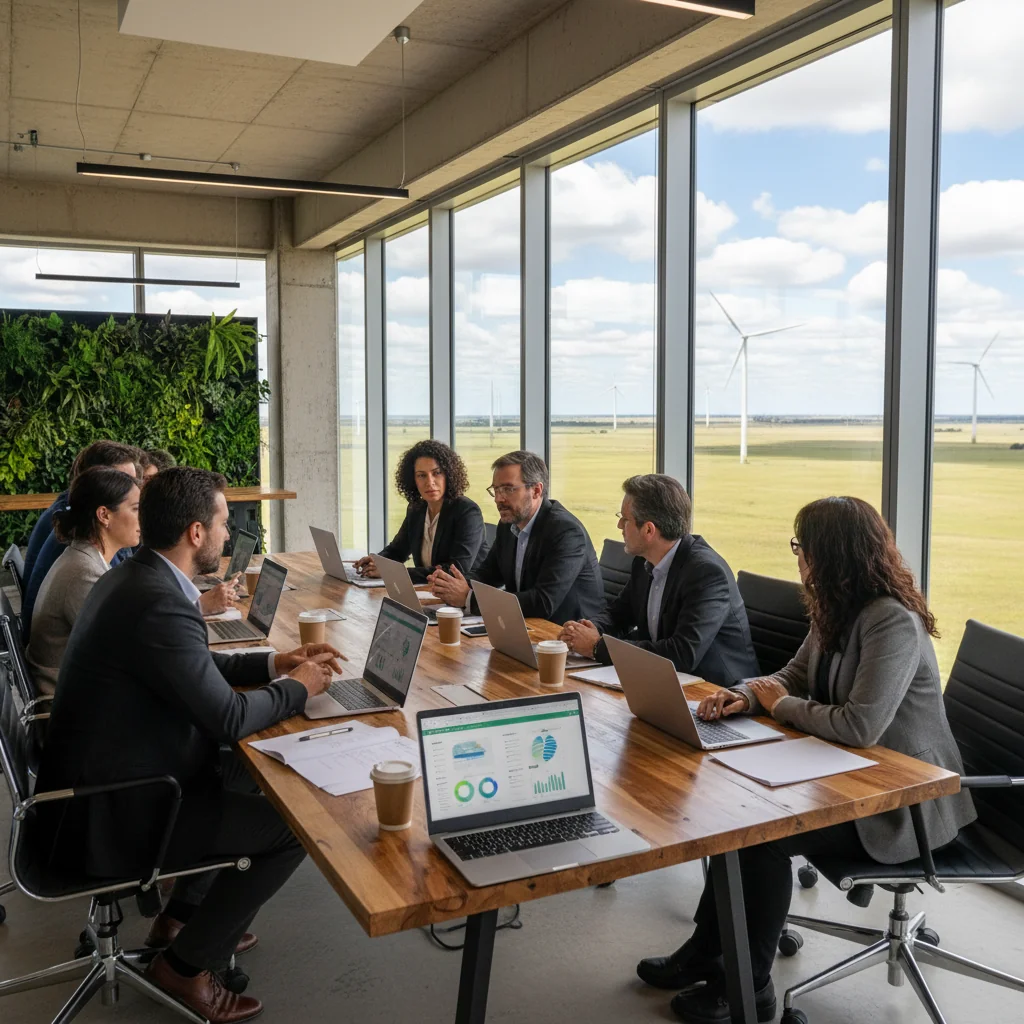 A photorealistic image depicting the positive impacts of sustainability on Argentine businesses, showing a diverse group of adult professionals in a modern office overlooking the Argentine pampas, engaging in eco-friendly practices like reviewing green energy charts on screens, with subtle elements of wind turbines and lush landscapes in the background, symbolizing growth and environmental responsibility.