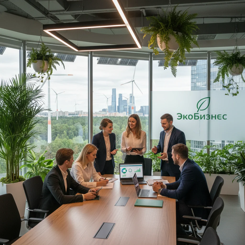A photorealistic image of a diverse group of adult professionals in a modern office setting, reviewing sustainability reports on tablets and laptops, surrounded by green plants and eco-friendly elements like solar panels in the background, symbolizing corporate sustainable development in Russia. No children present.