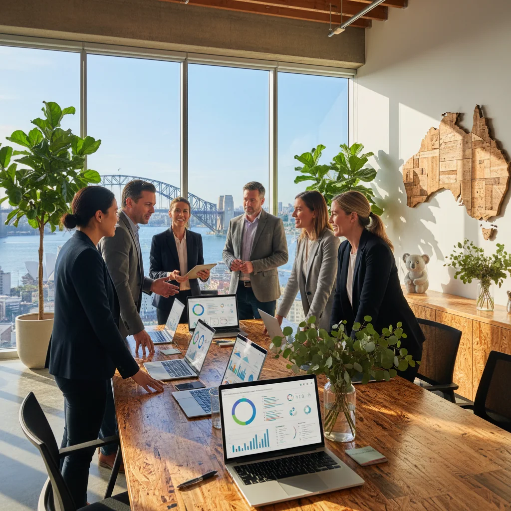 A photorealistic image of a diverse group of adult professionals in a modern Australian office setting, collaboratively reviewing ESG data on large screens, surrounded by elements like green plants, solar panel icons, and community outreach visuals, symbolizing environmental, social, and governance integration in business.