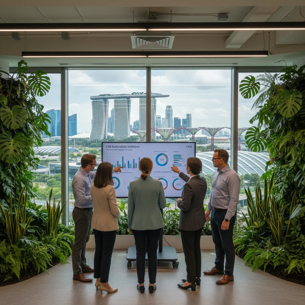 A photorealistic image of diverse professionals in a modern Singapore office collaborating on sustainability initiatives, symbolizing ESG compliance for businesses, with elements like green plants, solar panels visible through windows, and a city skyline in the background, evoking responsibility and innovation without focusing on documents.
