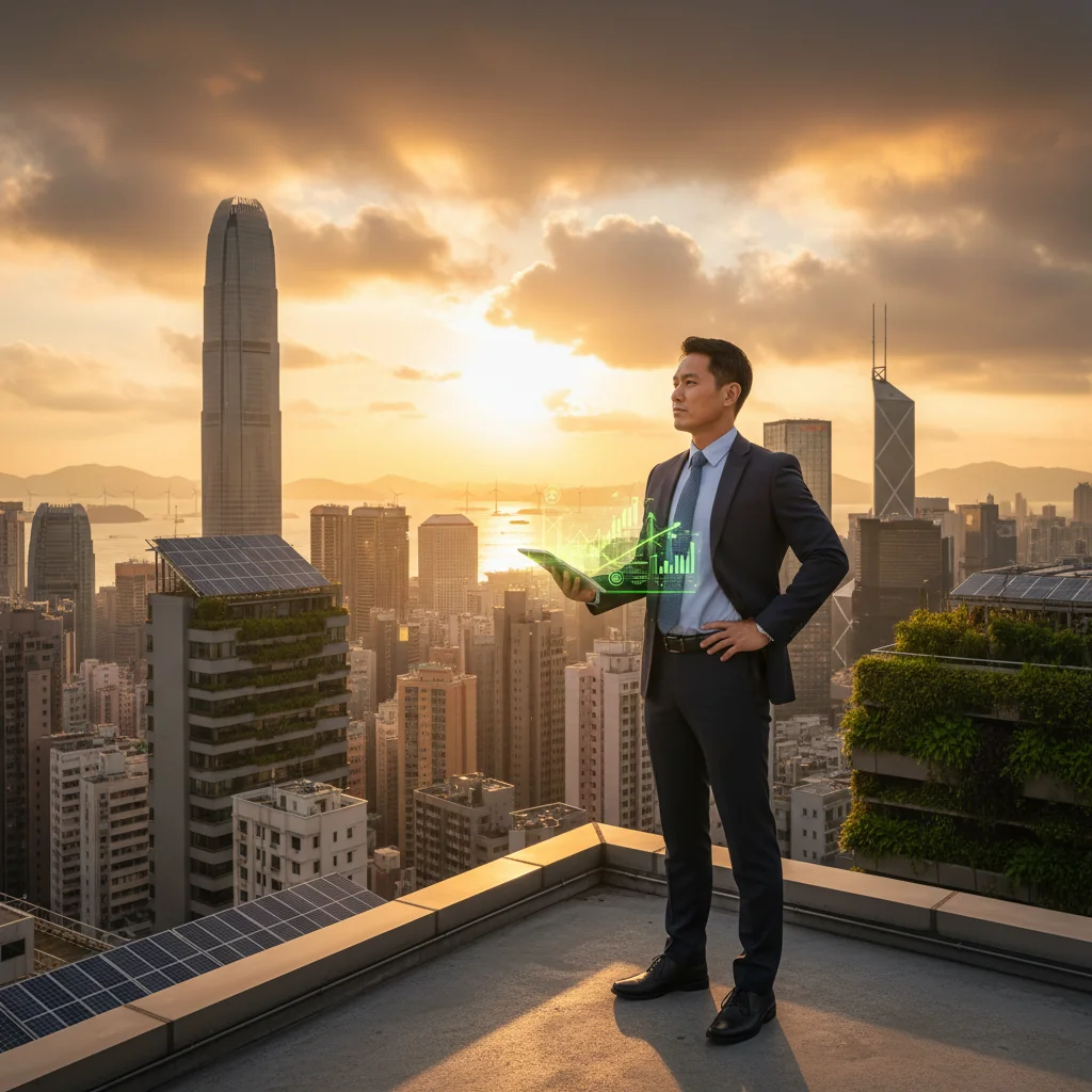 A photorealistic image of a modern Hong Kong business professional standing on a rooftop overlooking the bustling city skyline at dusk, holding a tablet displaying sustainable growth charts, with elements like green energy wind turbines in the distance and urban greenery, symbolizing the impact of ESG reporting on corporate sustainability in Hong Kong.