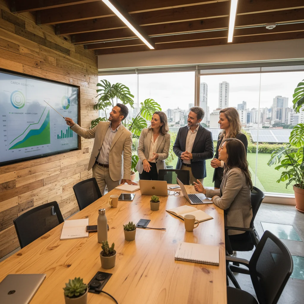A photorealistic image of diverse Brazilian business professionals in a modern office setting, collaboratively reviewing sustainability metrics on a large digital screen displaying eco-friendly charts and green energy icons, symbolizing effective sustainability reporting for Brazilian companies, with natural light filtering through large windows overlooking a lush urban park, emphasizing environmental responsibility and corporate growth.