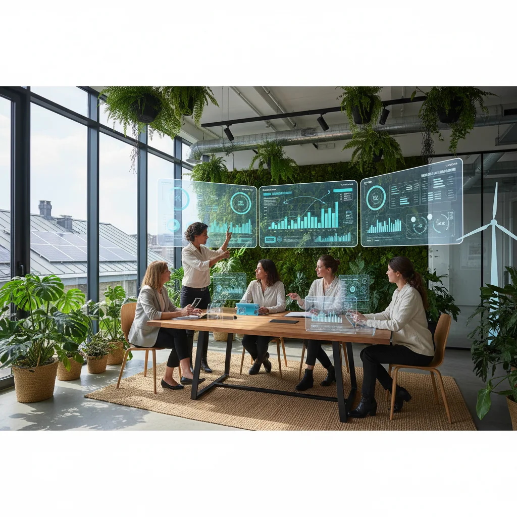 A photorealistic hero image depicting a diverse group of professionals in a modern office setting, collaboratively reviewing charts and graphs on sustainable practices, surrounded by elements like green plants and renewable energy icons, symbolizing effective sustainability reporting without showing any documents or children.