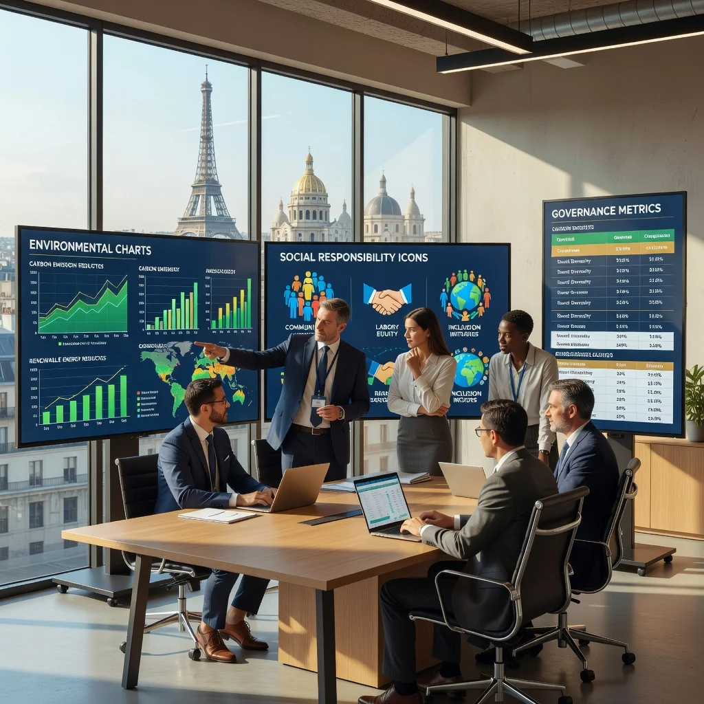A photorealistic image representing sustainable business management in France, showing a diverse group of professional adults in a modern office setting, reviewing ESG (Environmental, Social, Governance) reports on laptops, with subtle French elements like the Eiffel Tower in the background view, symbolizing integrated ESG information in management reports. No children are present.