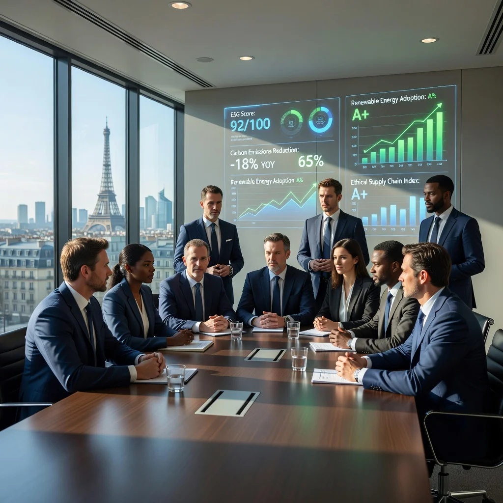 A photorealistic image representing the evolution of ESG obligations in French management reports, featuring a professional business meeting in a modern French office with diverse adults discussing sustainability charts on a digital screen, symbolizing corporate responsibility and environmental, social, governance progress, no children present.