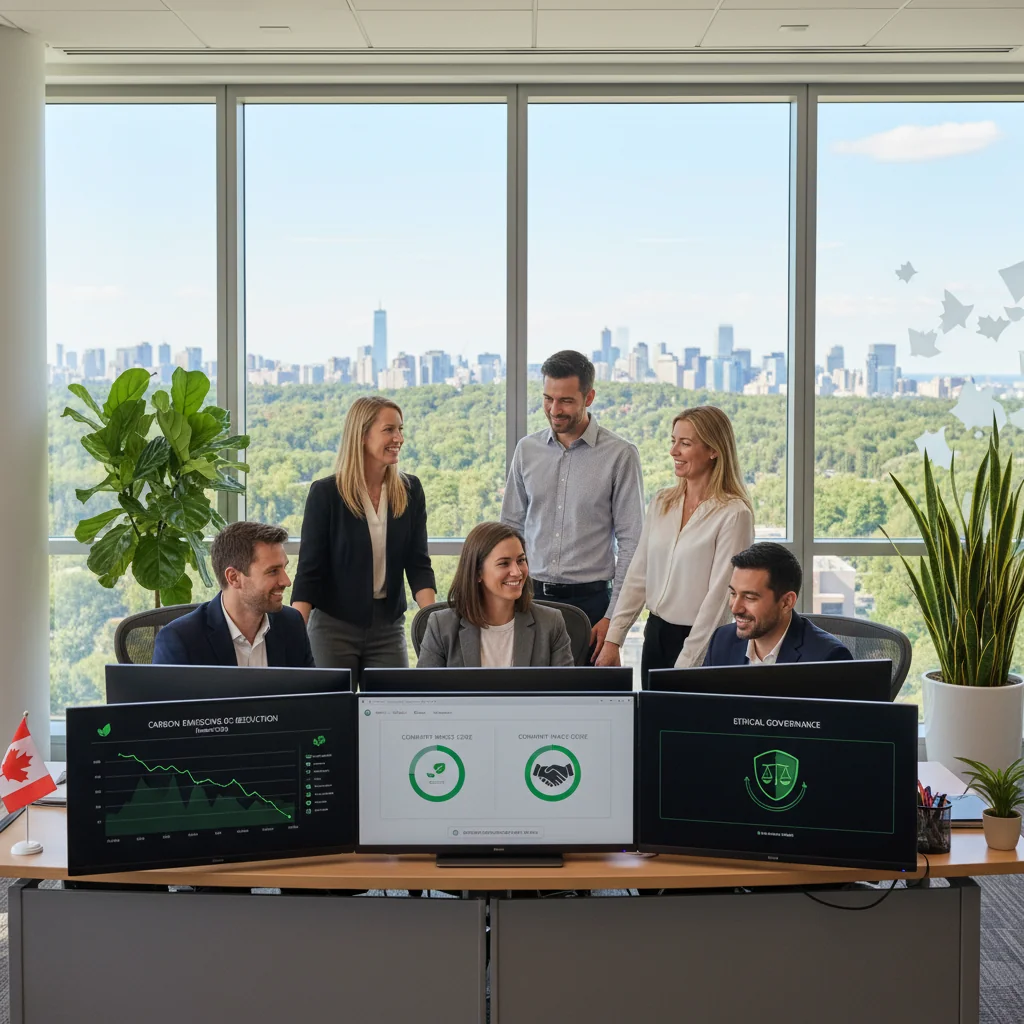 A photorealistic image depicting the benefits of ESG reporting for Canadian companies, showing a diverse group of adult professionals in a modern Canadian office setting, collaborating on sustainable initiatives with elements like green energy icons and growth charts in the background, symbolizing environmental, social, and governance progress. No children are present.