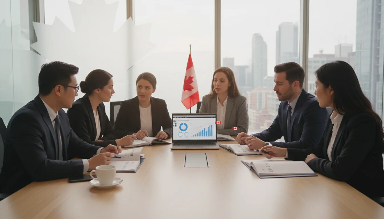 Canadian business team reviewing ESG reports.