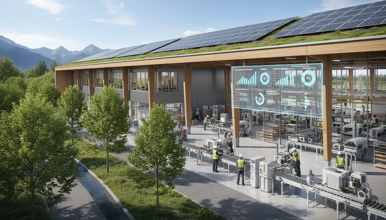 Eco-friendly factory with ESG compliance signage.