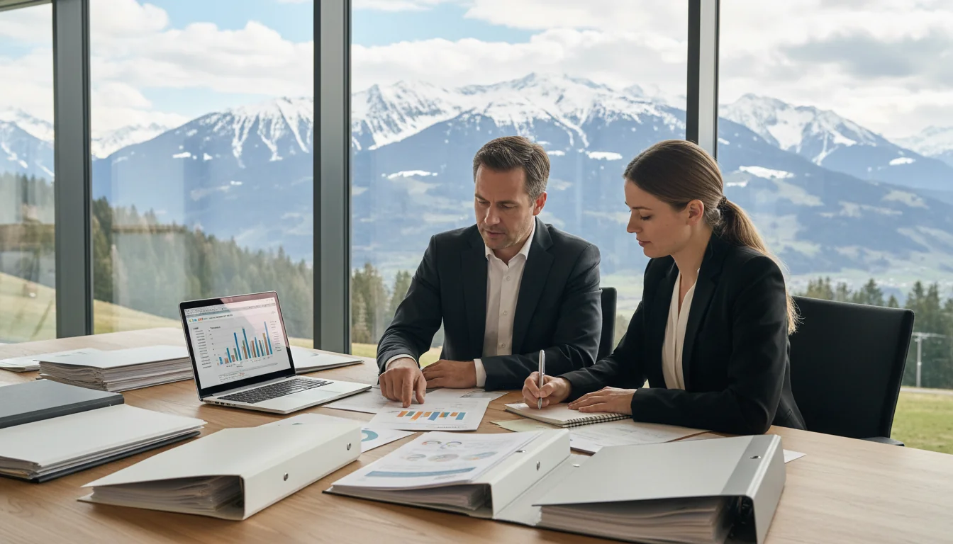Swiss office workers drafting sustainability report.