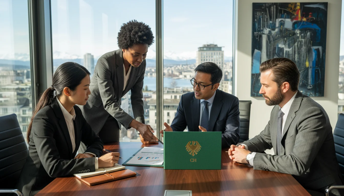 Team discussing Swiss sustainability compliance.