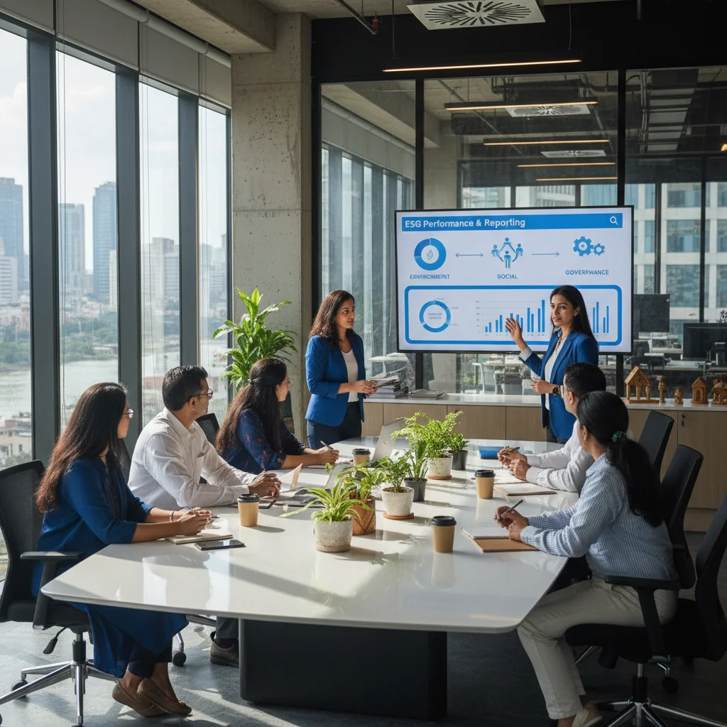 A photorealistic image representing ESG reporting in India, showing a diverse group of adult professionals in a modern Indian office setting, discussing sustainable business practices with elements like green plants, solar panels visible through windows, and charts on sustainability metrics, symbolizing environmental, social, and governance focus.