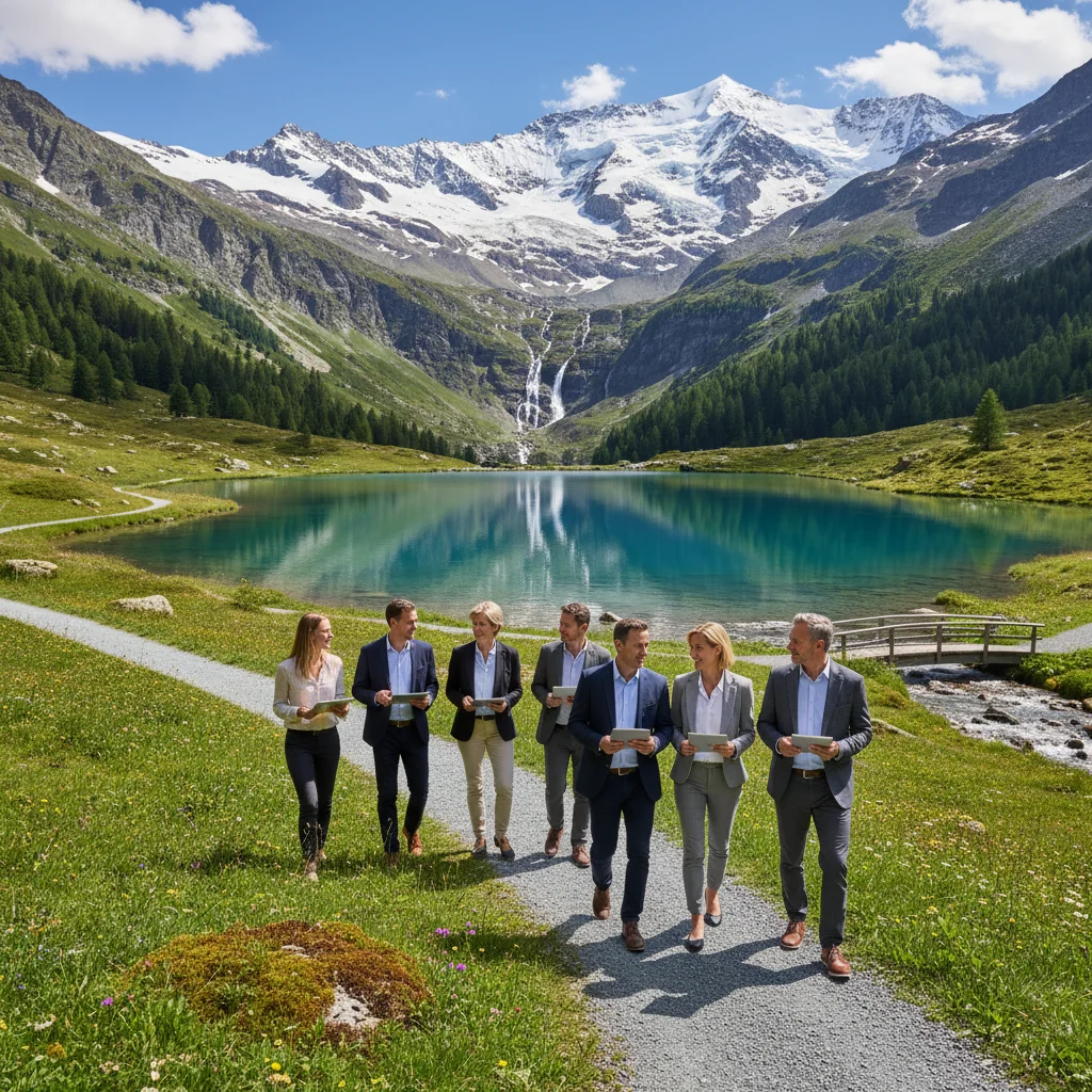 A photorealistic image of a pristine Swiss alpine landscape with crystal-clear lakes, lush green meadows, and snow-capped mountains under a bright blue sky, symbolizing environmental sustainability and the importance of reporting on it in Switzerland. In the foreground, a group of adult professionals in business attire are walking along a path, discussing with tablets in hand, representing corporate responsibility without focusing on documents.