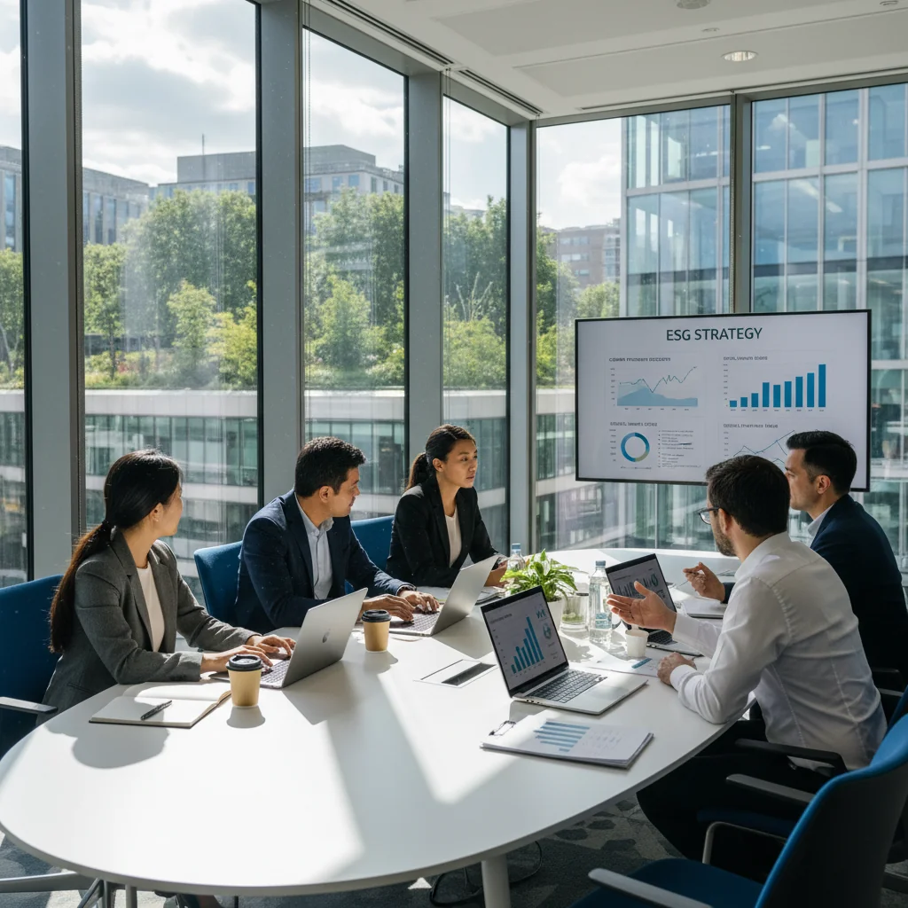 A photorealistic image of a professional team in a modern UK office collaborating on sustainability initiatives, reviewing environmental data on screens, with elements like green plants and renewable energy icons subtly in the background, symbolizing ESG reporting best practices. No children are present.