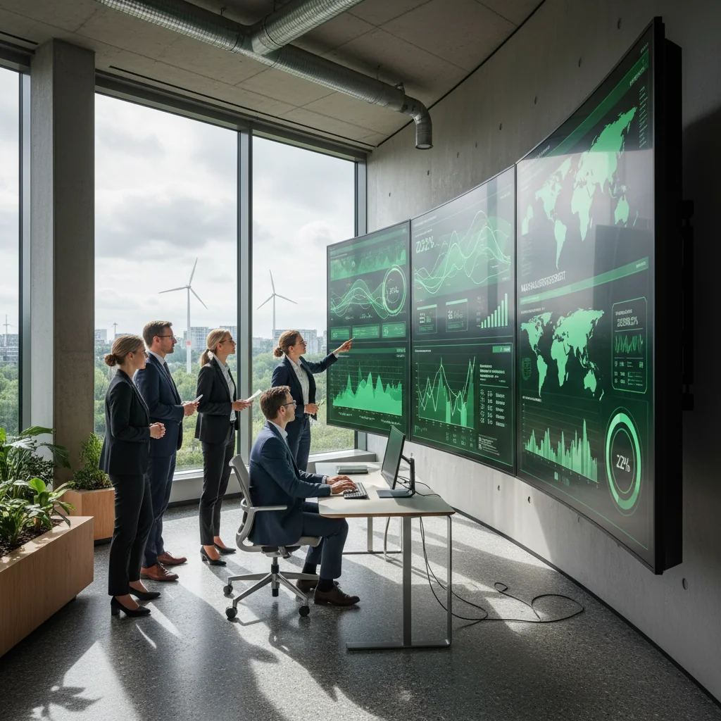 A photorealistic image representing sustainability and environmental reporting in a German corporate context, featuring a diverse group of adult professionals in a modern office reviewing green charts and data on sustainable practices, with subtle German flags or landmarks in the background, emphasizing responsibility and eco-friendliness without focusing on documents.