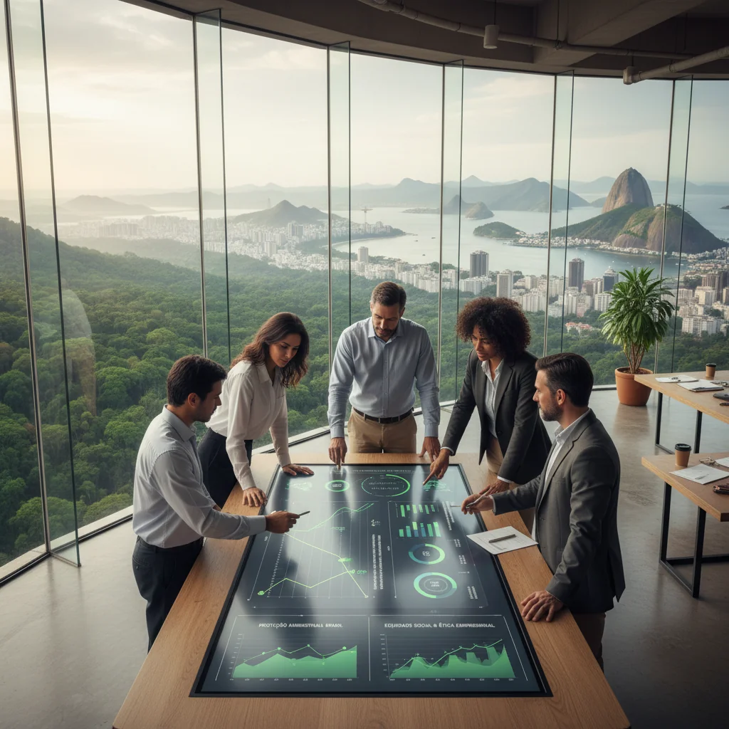A photorealistic image symbolizing sustainability trends and best practices in Brazil, featuring diverse Brazilian professionals in a modern office setting reviewing eco-friendly charts on sustainable development, with Brazilian landscapes like the Amazon rainforest visible through large windows in the background, emphasizing environmental conservation, social responsibility, and economic growth without focusing on documents.
