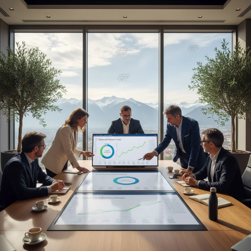 A photorealistic image of a diverse group of Italian business professionals in a modern office setting, collaborating around a conference table with laptops and charts displaying green metrics and sustainable growth icons, symbolizing corporate sustainability efforts. The atmosphere is professional and optimistic, with natural light and elements like plants and renewable energy symbols in the background. No children are present in the image.