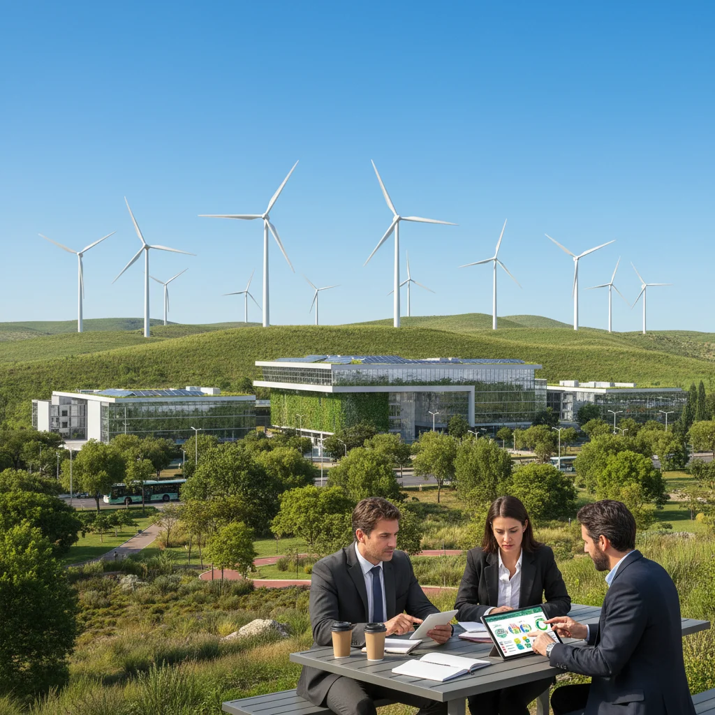 A photorealistic image depicting sustainable practices in Argentina, such as a lush green field with wind turbines in the background, modern solar panels on a rooftop, and diverse adult professionals discussing environmental reports outdoors in a natural setting, symbolizing current trends in sustainability reporting.