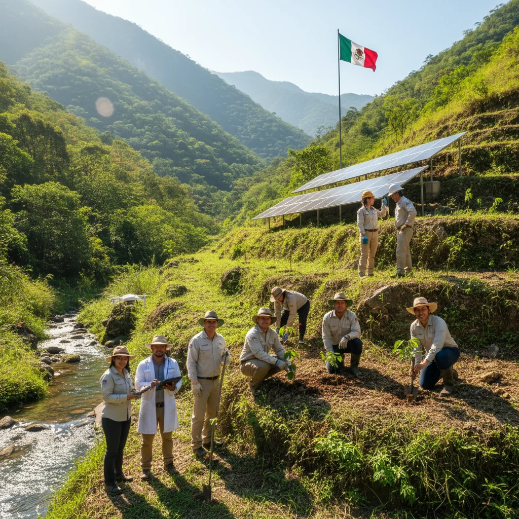 A photorealistic image representing sustainability in Mexico, featuring a diverse group of adult professionals in a lush Mexican landscape, planting trees and using renewable energy sources like solar panels, symbolizing environmental responsibility and corporate sustainability efforts, with no children present.