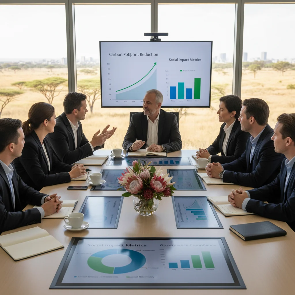 A photorealistic image of diverse South African business professionals in a modern conference room, collaboratively reviewing charts and data on sustainable practices, with elements symbolizing environmental, social, and governance aspects like green plants, community icons, and ethical symbols, evoking responsibility and transparency in ESG reporting for businesses.