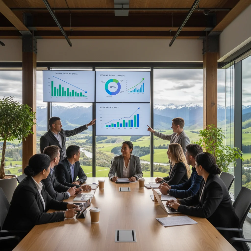 A photorealistic image depicting a diverse group of professionals in a modern New Zealand office setting, collaboratively reviewing ESG data on large digital screens, with subtle New Zealand landscape elements like green hills visible through windows, symbolizing sustainable business practices and environmental responsibility.