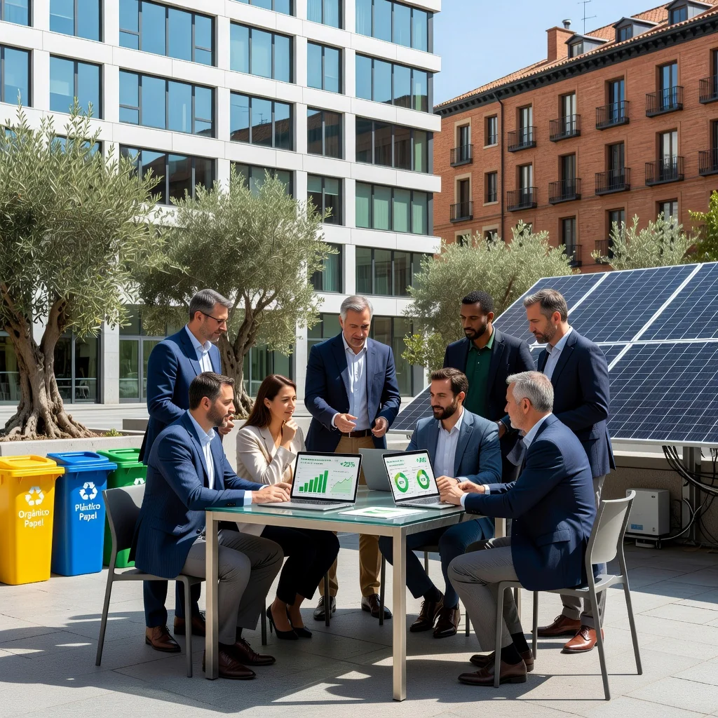 A photorealistic image representing current sustainability trends in Spain, showing a diverse group of professionals in a modern Spanish office or urban park setting, examining eco-friendly charts and green technology on tablets, with subtle Spanish landmarks like wind turbines or solar panels in the background, evoking innovation and environmental responsibility. No children are present.