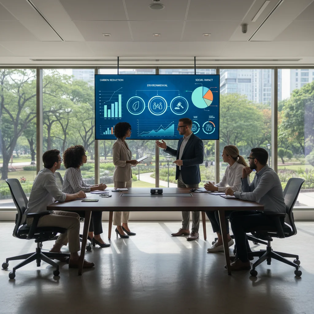 A photorealistic image of a diverse group of adult professionals in a modern conference room, collaboratively reviewing ESG metrics on a large digital screen, symbolizing transparency and sustainability in UK corporate reporting, with elements like green energy charts and ethical icons in the background, no children present.