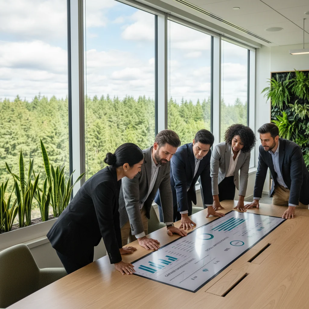 A photorealistic image of a diverse group of professional adults in a modern Canadian office setting, collaboratively reviewing ESG data on a large screen, symbolizing sustainable business practices and environmental responsibility, with elements like green plants and natural light to evoke eco-friendliness.