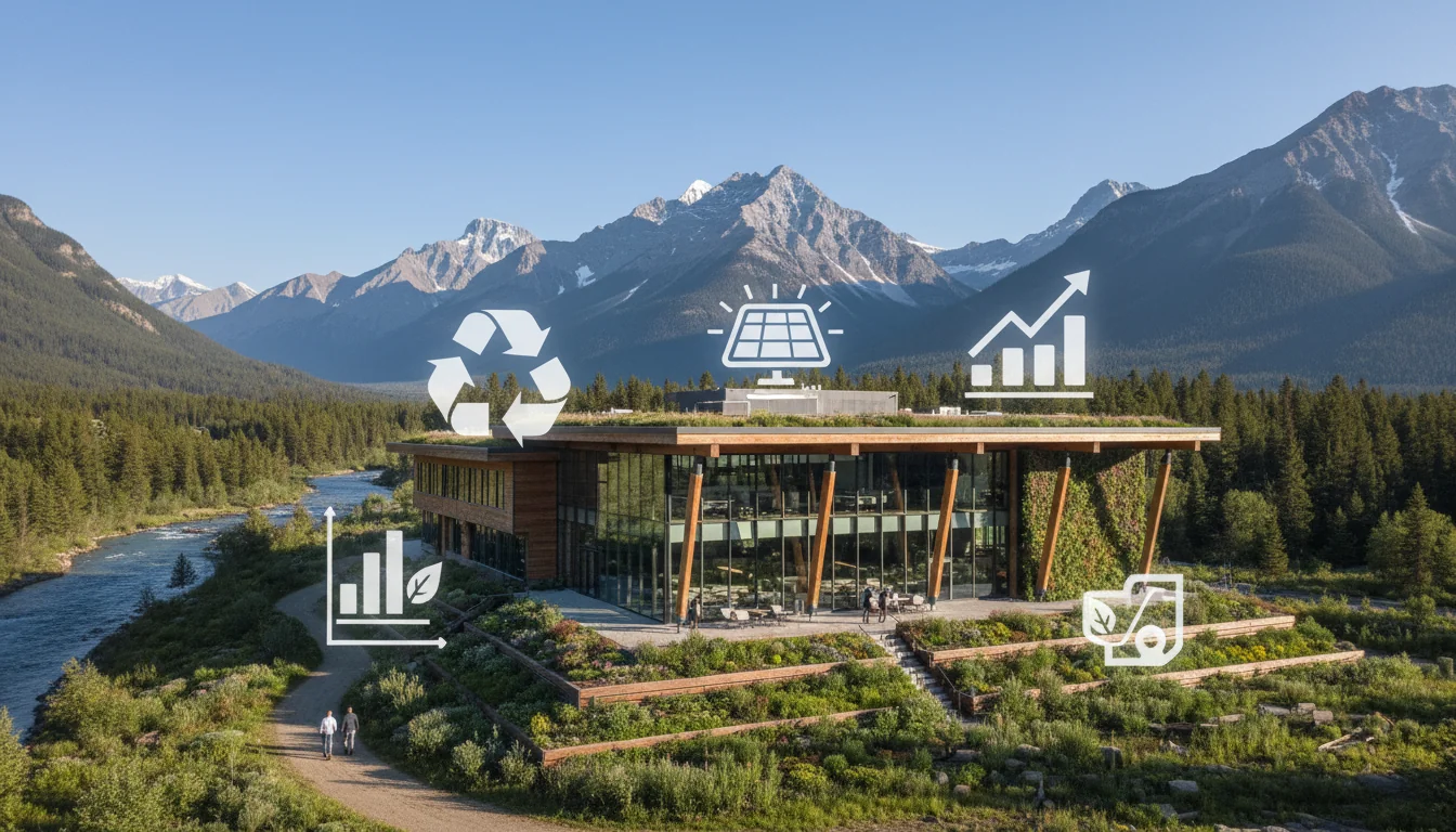Canadian landscape with sustainable business icons.