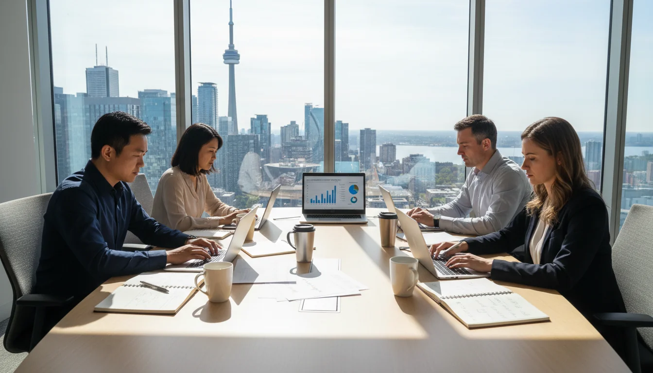 Team compiling ESG report on computers.