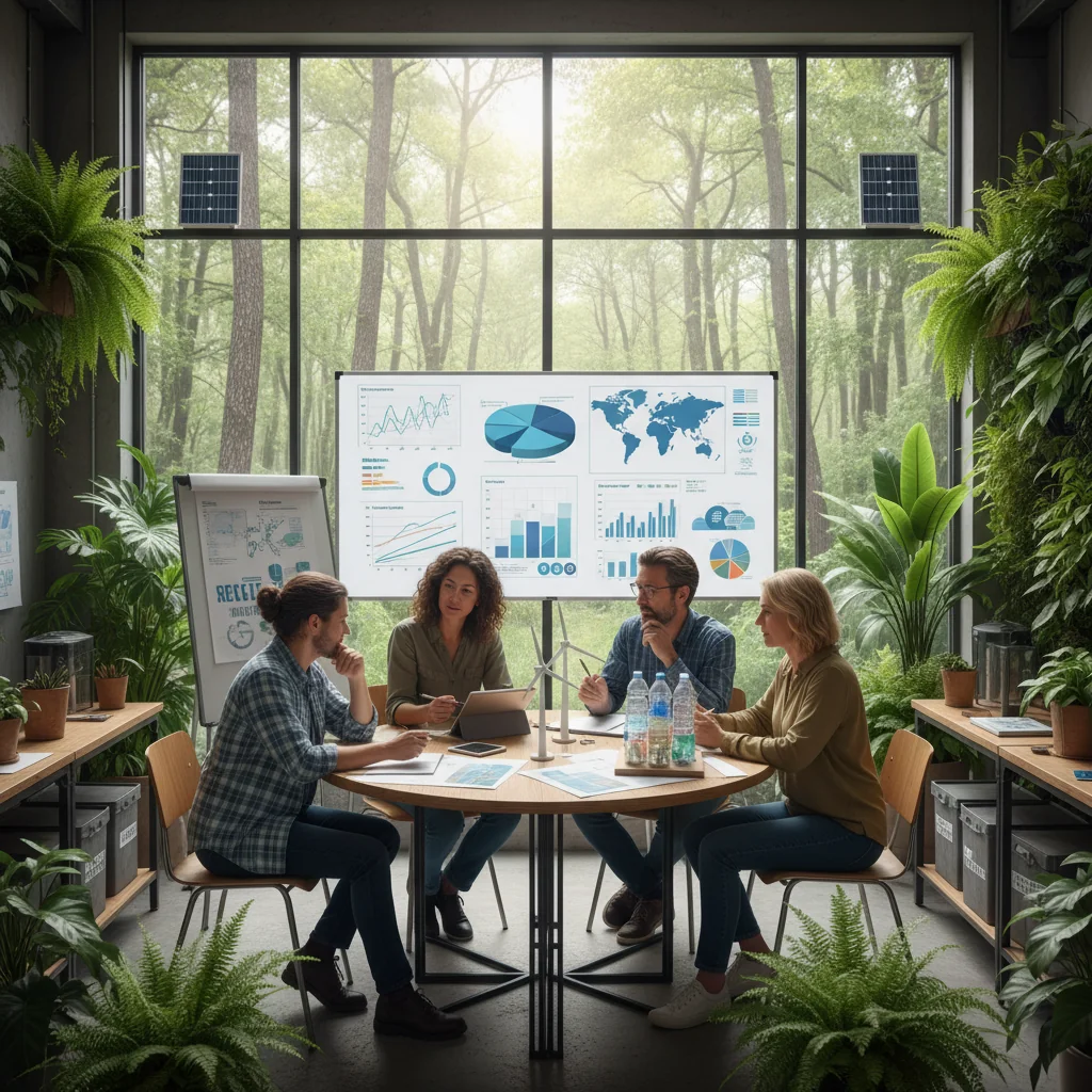 A photorealistic image depicting sustainable development in a corporate context, showing diverse adult professionals in a modern office or natural setting, collaborating on green initiatives like planting trees or reviewing eco-friendly projects, symbolizing environmental responsibility and business sustainability. No children are present in the image.