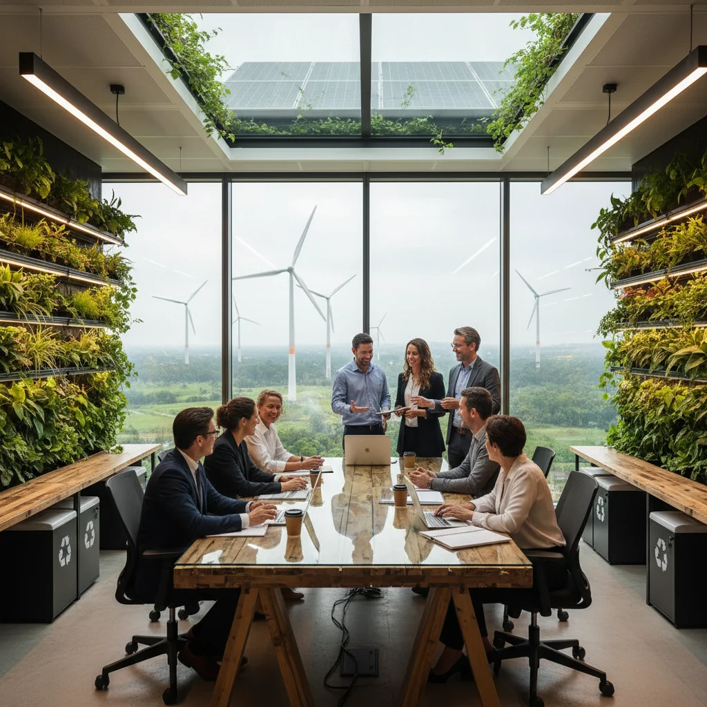 A photorealistic image depicting sustainable practices in a modern corporate setting, showing diverse adult professionals in a lush green office environment with solar panels, recycling stations, and natural elements like plants and renewable energy symbols, emphasizing environmental responsibility and business sustainability without any focus on documents.