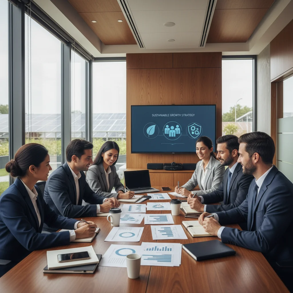 A photorealistic image depicting the impact of ESG standards on Indian companies, showing a diverse group of adult professionals in a modern Indian corporate office setting, discussing sustainable business practices with elements like green energy icons, ethical charts, and diverse team collaboration, symbolizing environmental, social, and governance integration in business.