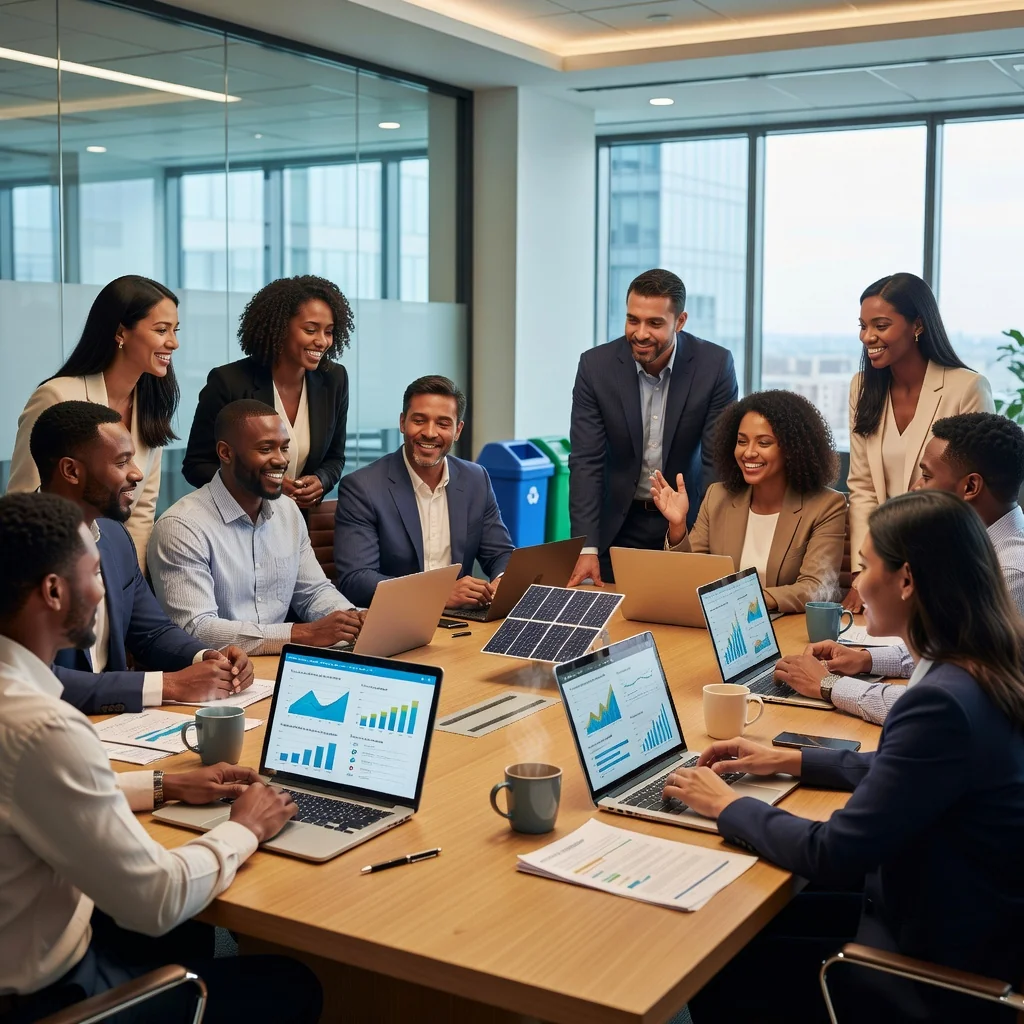 A photorealistic image of diverse adult professionals in a modern office setting, collaborating on sustainable business practices, with elements like green plants, renewable energy icons on screens, and charts showing positive ESG metrics, symbolizing environmental, social, and governance responsibility for US businesses.