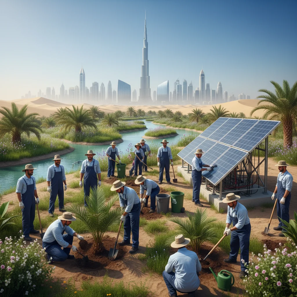 A photorealistic hero image depicting sustainable environmental practices in the UAE, featuring adults planting trees in a desert landscape transitioning to green areas, with modern UAE skyline in the background, symbolizing environmental, social, and governance efforts.