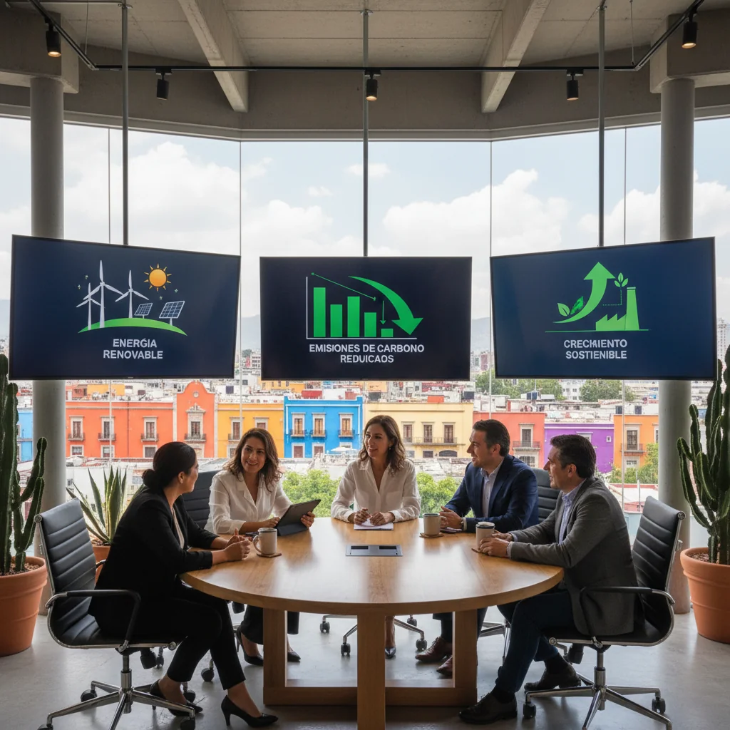 A photorealistic hero image representing the benefits of sustainability reports for Mexican companies, showing a diverse group of professional adults in a modern office setting in Mexico City, discussing green initiatives with charts on renewable energy and eco-friendly practices, vibrant urban backdrop with Mexican landmarks and sustainable elements like solar panels, conveying growth and environmental responsibility.