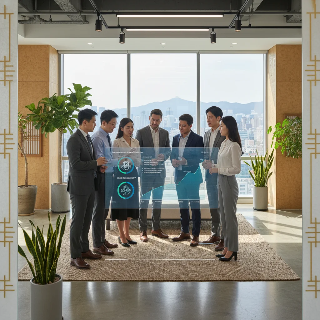 A photorealistic image depicting a diverse group of professional adults in a modern corporate office, collaboratively reviewing sustainability charts on a digital screen, symbolizing ESG (Environmental, Social, Governance) practices in Korean businesses. The scene conveys innovation, responsibility, and global awareness, with elements like green plants and eco-friendly office design, but no documents or children present.