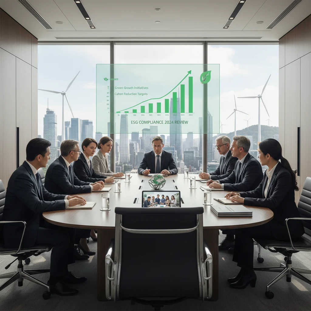 A photorealistic image representing ESG compliance in China, featuring a diverse group of professional adults in a modern corporate office setting, discussing sustainable business practices with elements like green energy charts and eco-friendly symbols in the background, evoking themes of environmental, social, and governance responsibility.