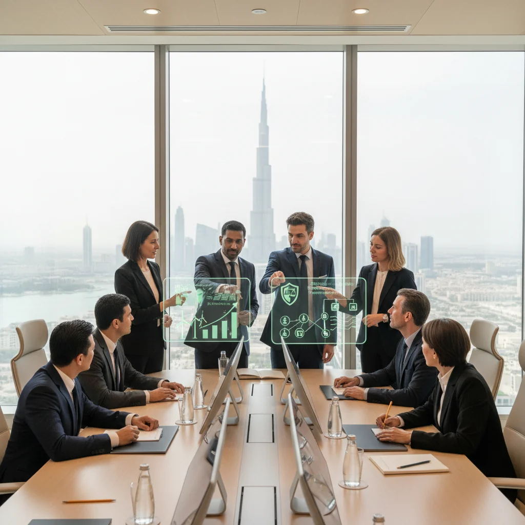 A photorealistic image of a diverse group of adult professionals in a modern UAE office setting, collaborating on sustainable business practices. They are reviewing digital dashboards showing environmental data like renewable energy charts, social impact metrics, and governance compliance indicators on large screens. The scene includes elements of UAE culture such as subtle Arabic architecture in the background, with adults only, no children present. The atmosphere is professional and forward-thinking, emphasizing ESG principles without focusing on physical documents.