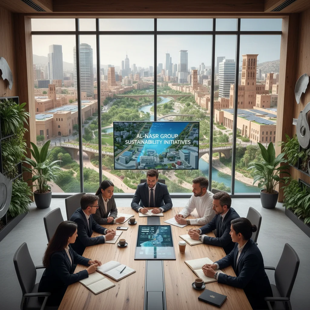 A photorealistic hero image representing environmental, social, and governance sustainability in a Saudi Arabian corporate context, featuring a diverse group of professional adults in a modern office setting overlooking a sustainable urban landscape with green buildings and desert elements, symbolizing ESG principles without focusing on documents.