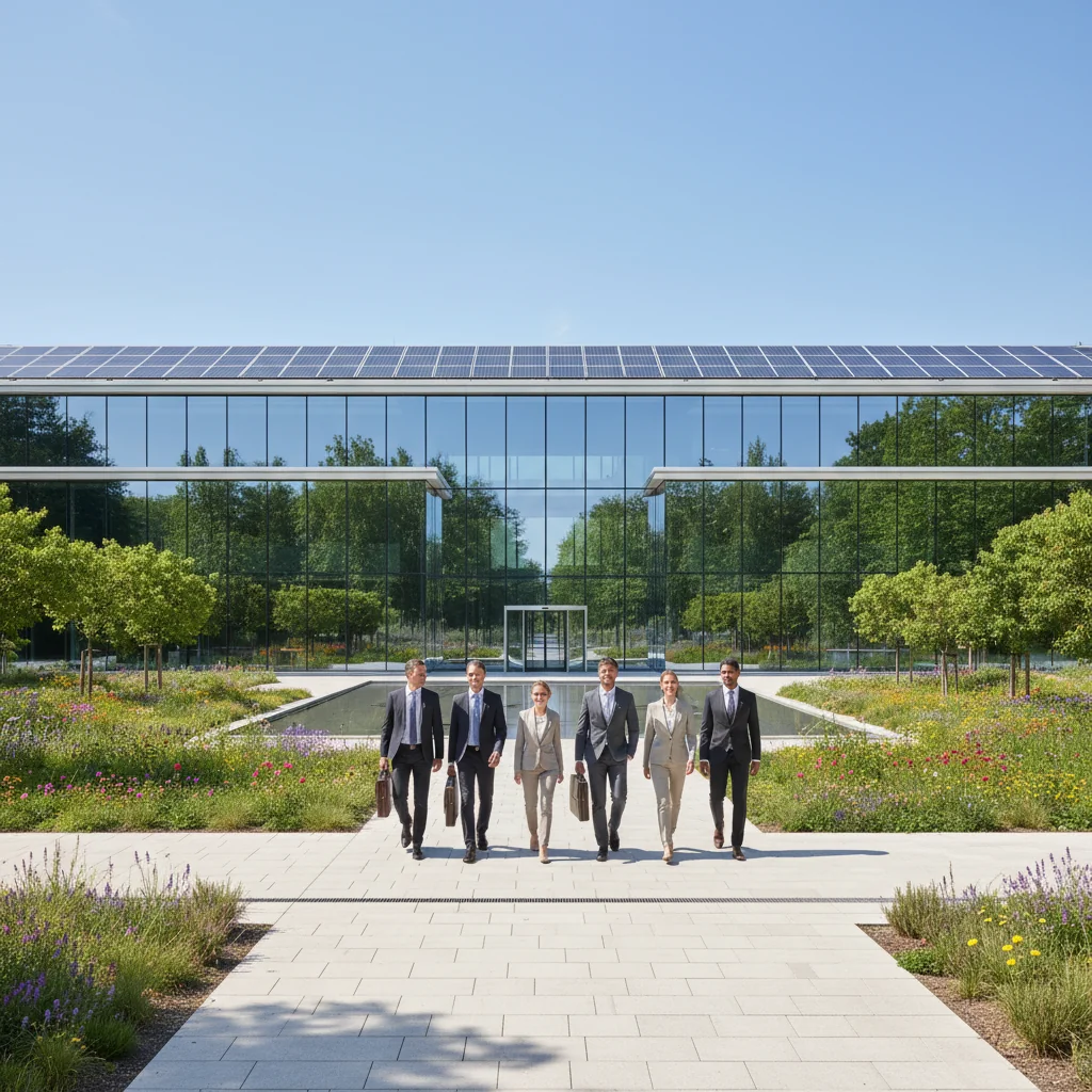 A photorealistic image representing sustainability in Austrian corporate practices, featuring a modern office building in Vienna surrounded by lush green parks and renewable energy elements like solar panels, with professionals in business attire walking towards the entrance, symbolizing commitment to environmental responsibility.
