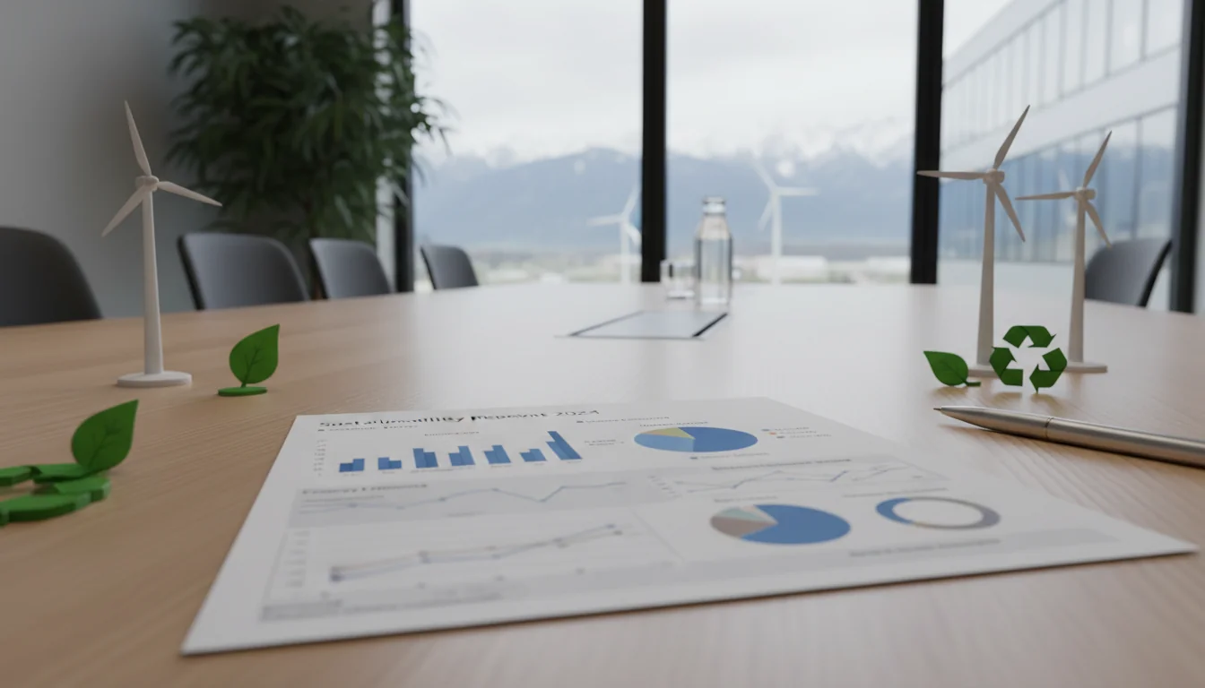 Eco-friendly icons on Austrian business papers.