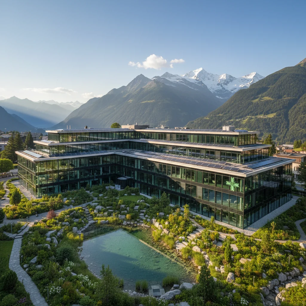 A photorealistic image representing sustainability in Swiss corporate practices, showing a modern Swiss office building with large windows overlooking the Alps, surrounded by green parks and solar panels on the roof, symbolizing environmental responsibility and sustainable business in Switzerland.