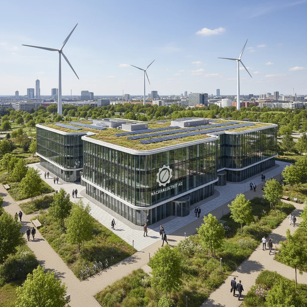 A photorealistic image of a modern German corporate office building surrounded by lush green parks and solar panels on the roof, symbolizing sustainability and environmental responsibility in business practices.