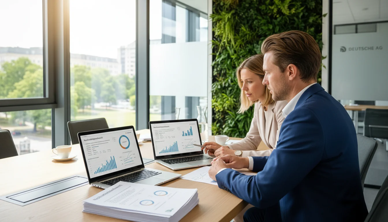 German office workers reviewing sustainability report