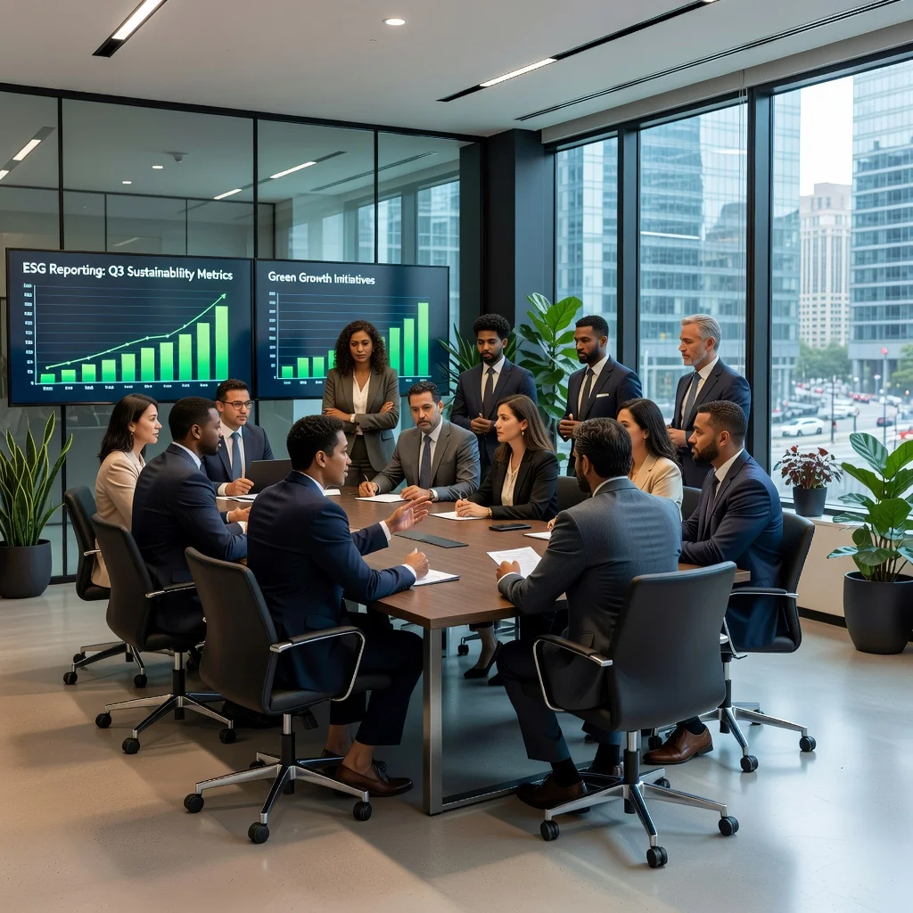 A professional business meeting in a modern conference room where diverse executives are discussing sustainability initiatives, with elements like green plants, charts on ESG metrics, and a city skyline view, symbolizing corporate responsibility and environmental stewardship in the United States.