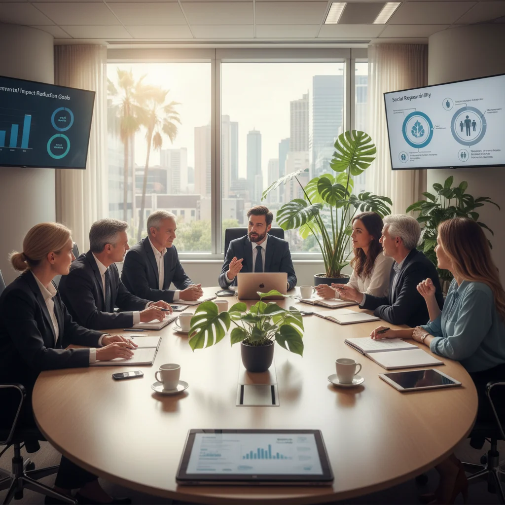 A professional business meeting in a modern Australian office, with diverse adults discussing ESG (Environmental, Social, Governance) topics around a conference table with charts and reports, symbolizing corporate sustainability and responsibility.