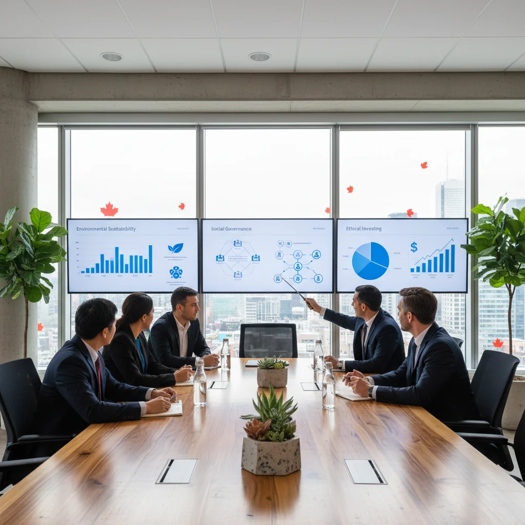 A photorealistic image of a diverse group of professional adults in a modern Canadian corporate office, reviewing ESG data on large screens, symbolizing sustainable business practices and environmental responsibility, with elements like green plants and Canadian flag in the background.