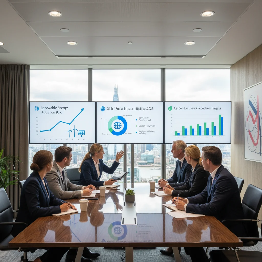 A photorealistic image of diverse professionals in a modern UK corporate office, gathered around a conference table, discussing sustainability charts and environmental data on screens, symbolizing ESG reporting and corporate responsibility in the United Kingdom, with elements like Union Jack flags or London skyline in the background, no children present.